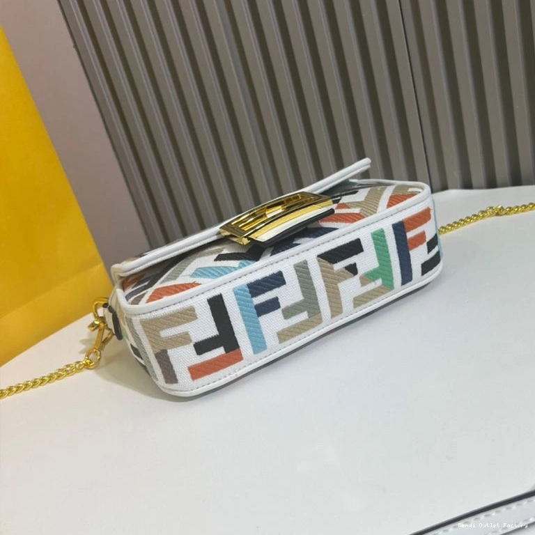 Affordable HOT Fendi Multi Motif White In Canvas Bag FF Mini Baguette 0721